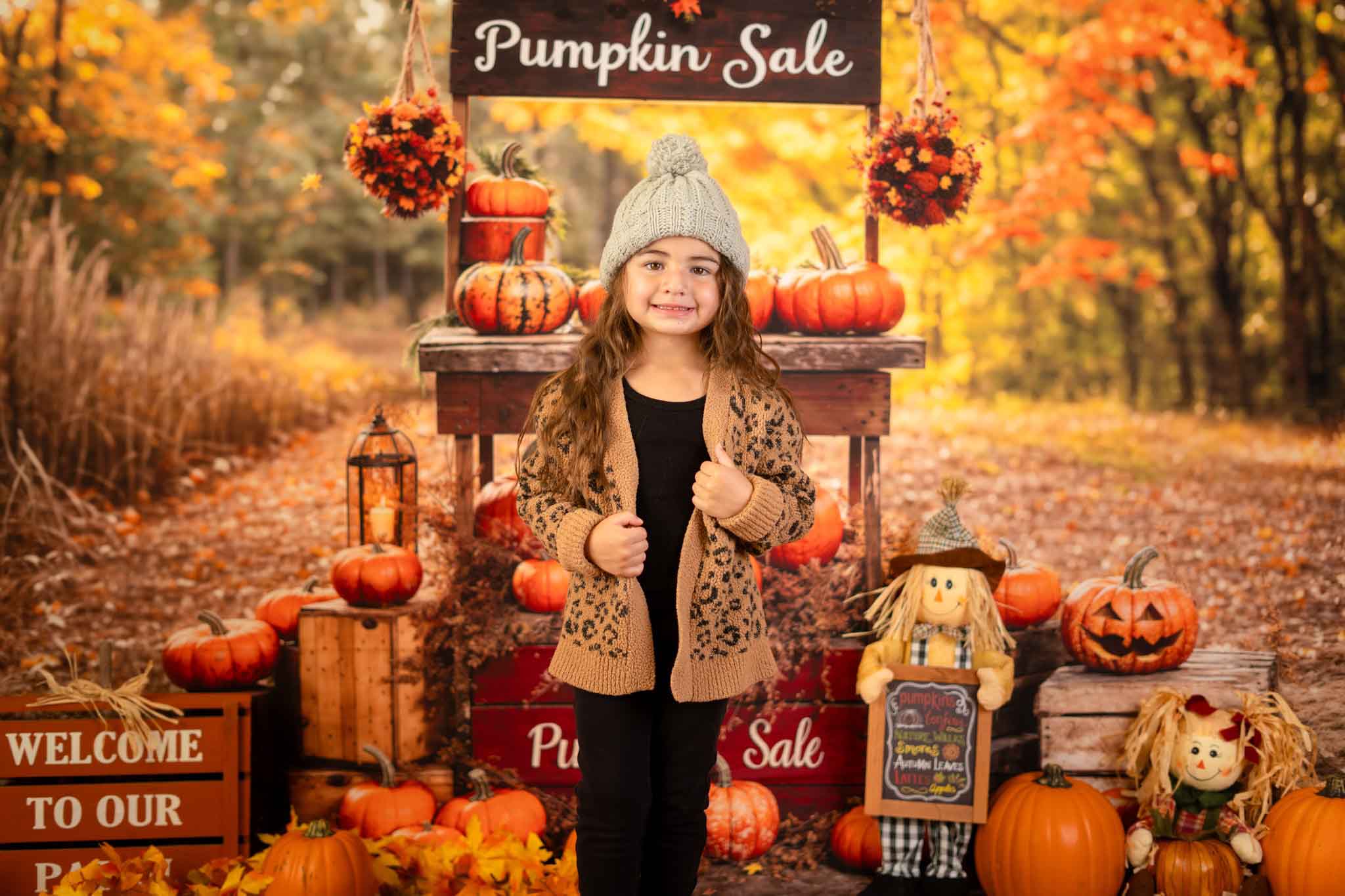 Kate Autumn Forest Halloween Pumpkin Sale Stand Backdrop Designed by Emetselch