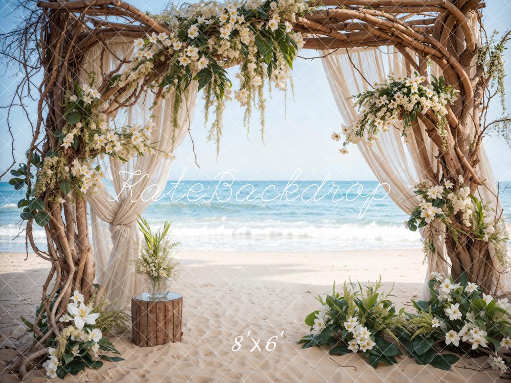 Zomerzee strand witte bloemen trouwfoto achtergrond ontworpen door Emetselch