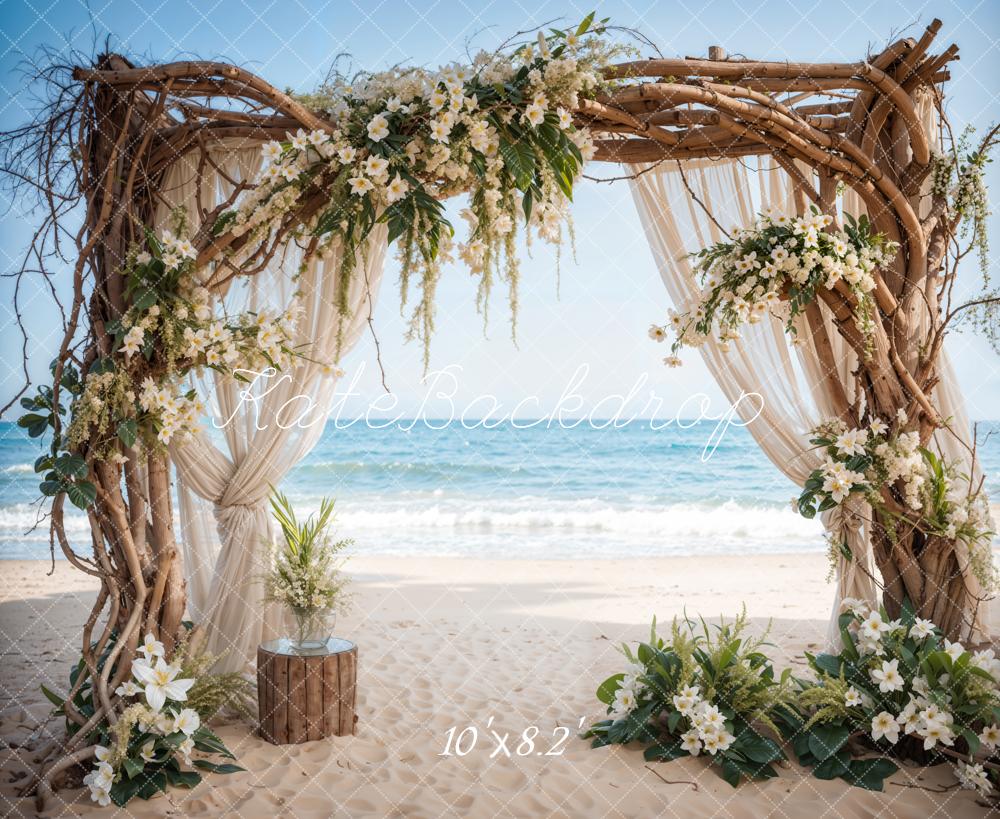 Zomerzee strand witte bloemen trouwfoto achtergrond ontworpen door Emetselch