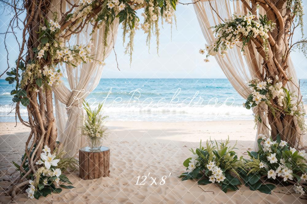 Playa de Verano Mar Sea Beach Boda de Flores Blancas con Fondo de Puerta de Madera Enmarcada Diseñado por Emetselch