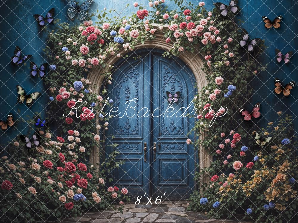 Kate Summer Fine Art Colorful Flower Butterfly Dark Blue Arched Door Backdrop Designed by Chain Photography