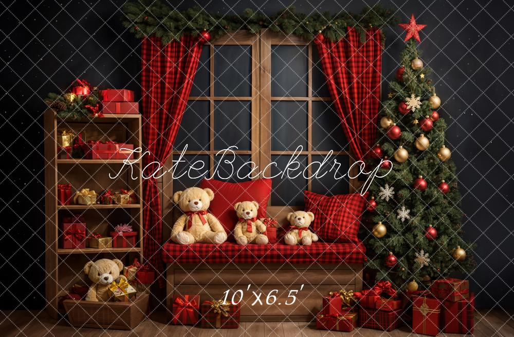 Kate Christmas Teddy Bear Red Plaid Curtain Brown Frame Window Grey Wall Backdrop Designed by Emetselch