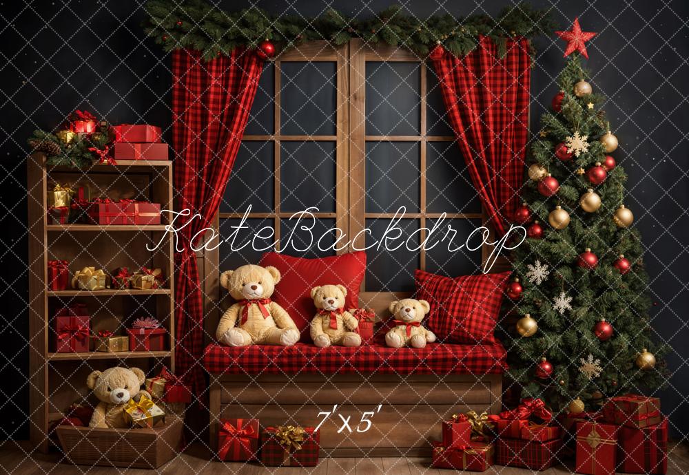 Kate Christmas Teddy Bear Red Plaid Curtain Brown Frame Window Grey Wall Backdrop Designed by Emetselch