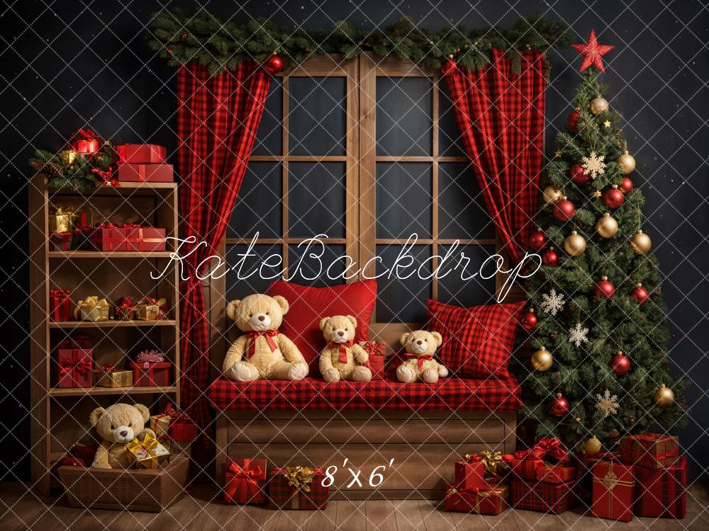 Kate Christmas Teddy Bear Red Plaid Curtain Brown Frame Window Grey Wall Backdrop Designed by Emetselch