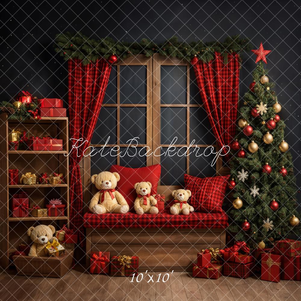 Kate Christmas Teddy Bear Red Plaid Curtain Brown Frame Window Grey Wall Backdrop Designed by Emetselch