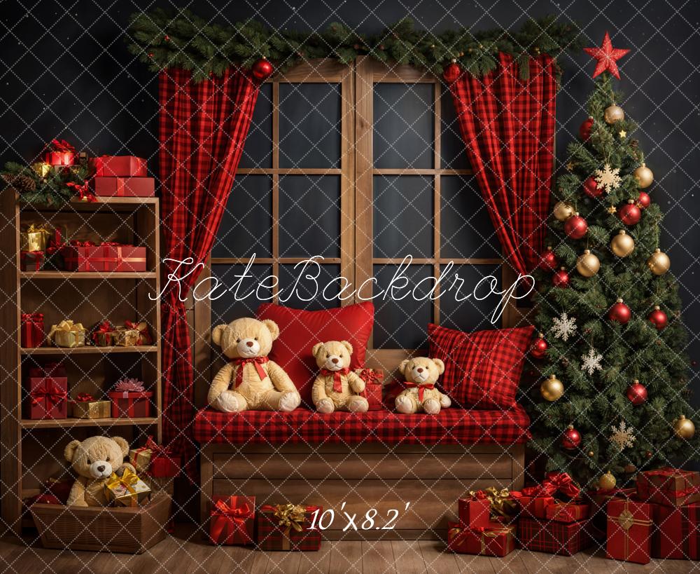 Kate Christmas Teddy Bear Red Plaid Curtain Brown Frame Window Grey Wall Backdrop Designed by Emetselch