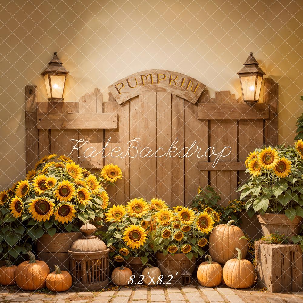 Kate Autumn Indoor Sunflower Pumpkin Wooden Barn Door Backdrop Designed by Emetselch