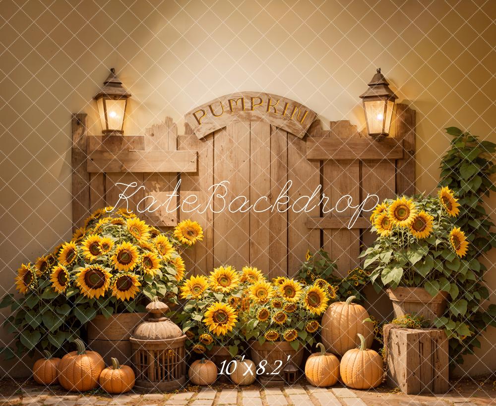 Kate Autumn Indoor Sunflower Pumpkin Wooden Barn Door Backdrop Designed by Emetselch