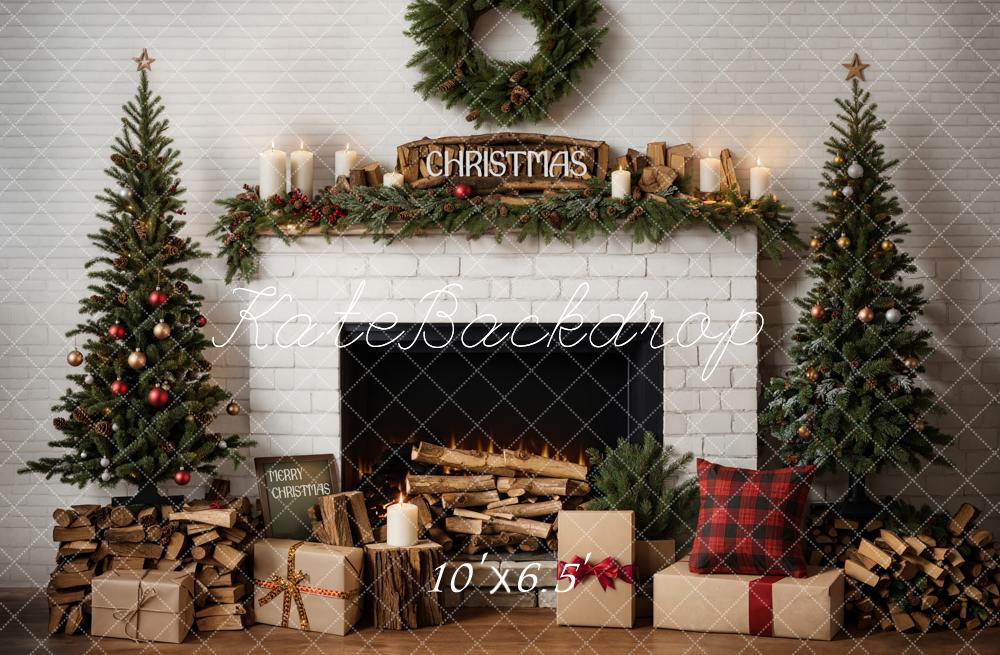 Kate Christmas Modern Cool White Brick Fireplace Backdrop Designed by Emetselch