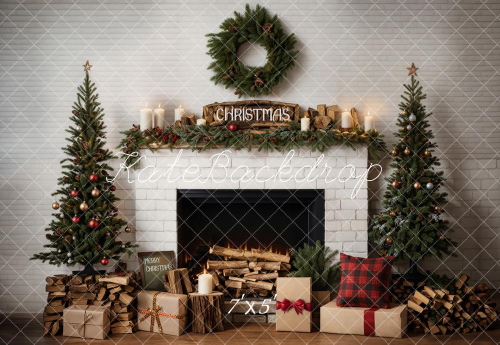 Kate Christmas Modern Cool White Brick Fireplace Backdrop Designed by Emetselch