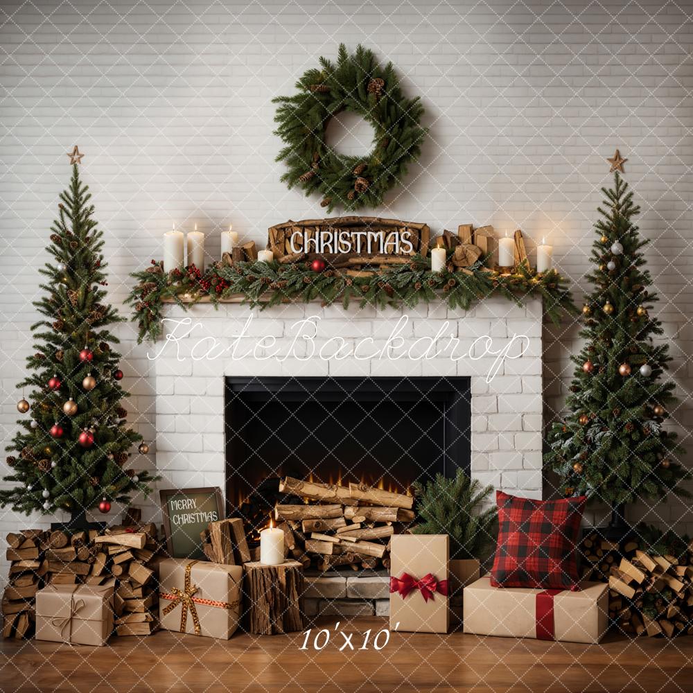 Kate Christmas Modern Cool White Brick Fireplace Backdrop Designed by Emetselch