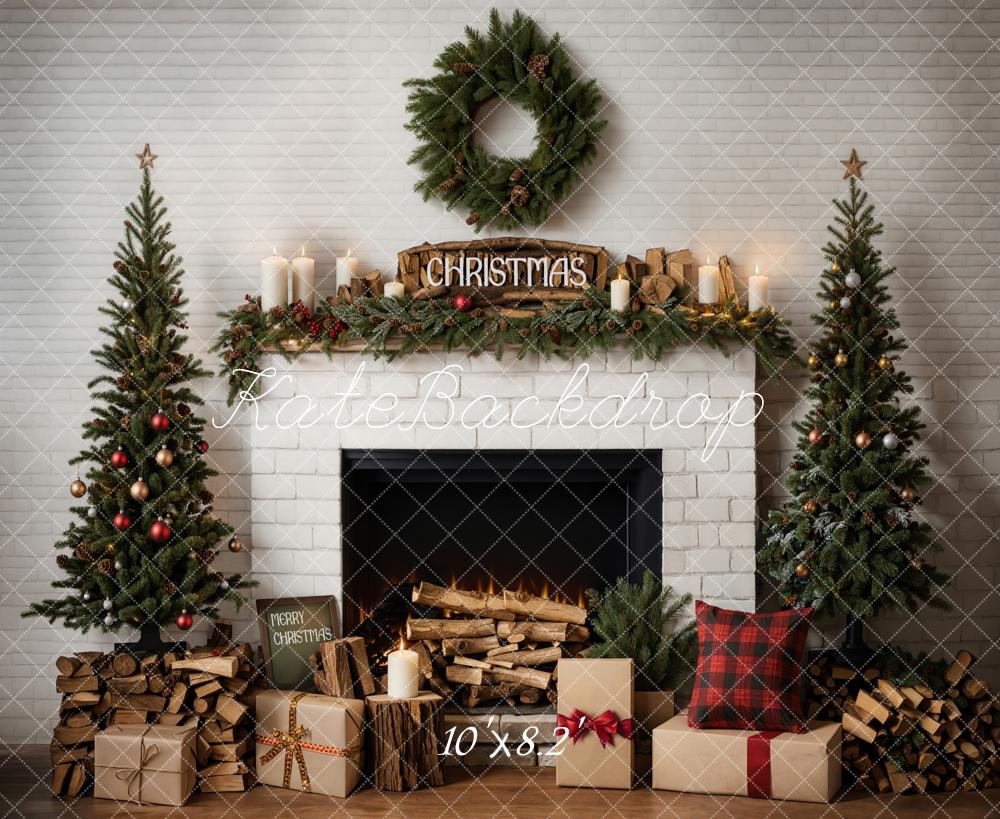 Kate Christmas Modern Cool White Brick Fireplace Backdrop Designed by Emetselch