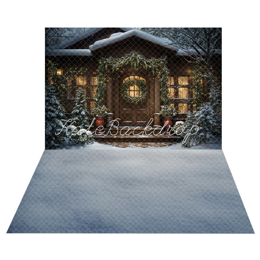 Kate Winter Christmas Evening Dark Brown Modern Cabin Backdrop+Dark Grey Snow Floor Backdrop