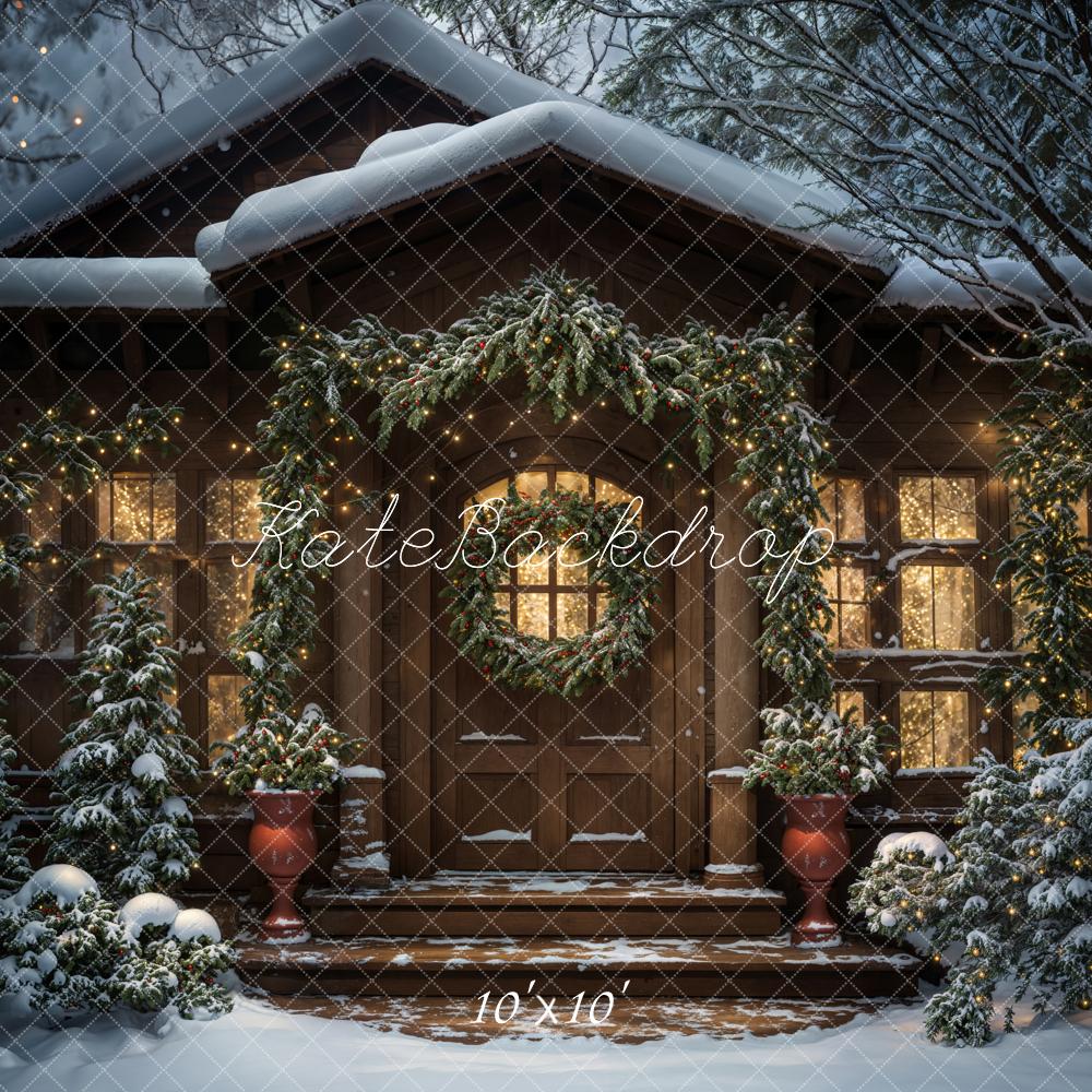 Kate Winter Christmas Evening Dark Brown Modern Cabin Backdrop Designed by Chain Photography