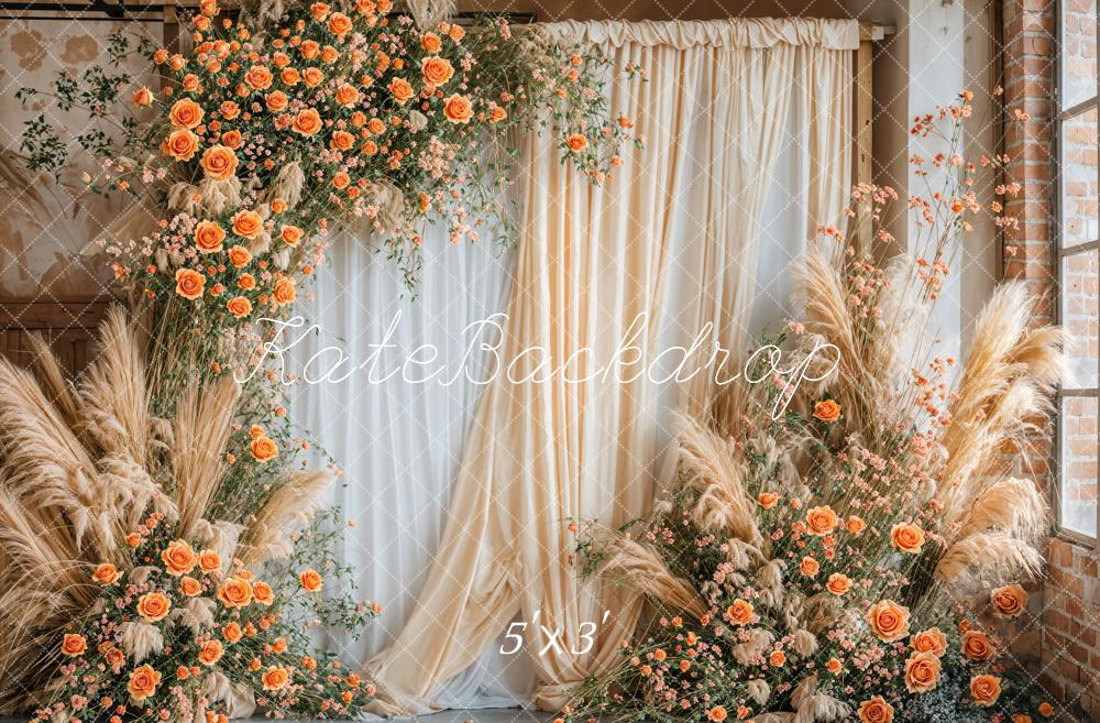 Kate Boho Fine Art Orange Flower Beige and White Curtain Wall Backdrop Designed by Emetselch