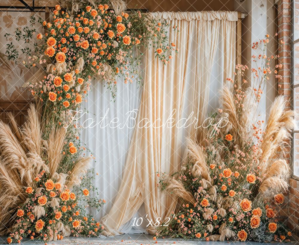 Kate Boho Fine Art Orange Flower Beige and White Curtain Wall Backdrop Designed by Emetselch