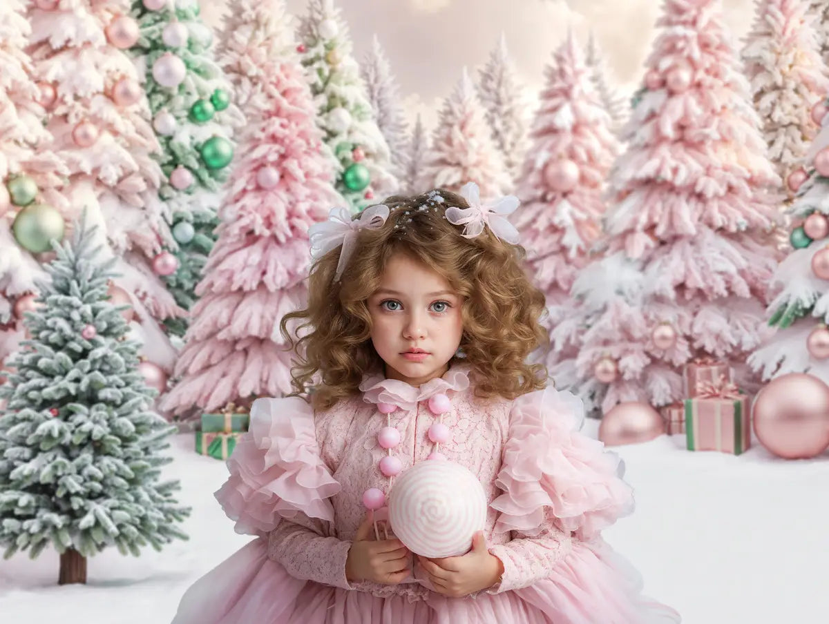 Kate Dreamy Pink and Green Christmas Tree Forest Backdrop Designed by Chain Photography