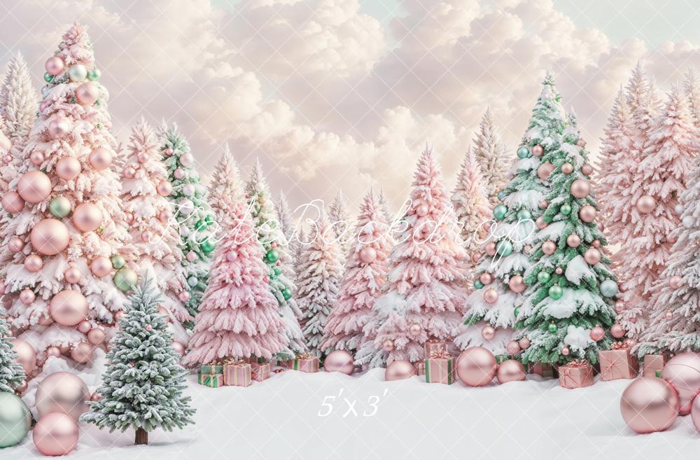 Kate Dreamy Pink and Green Christmas Tree Forest Backdrop Designed by Chain Photography