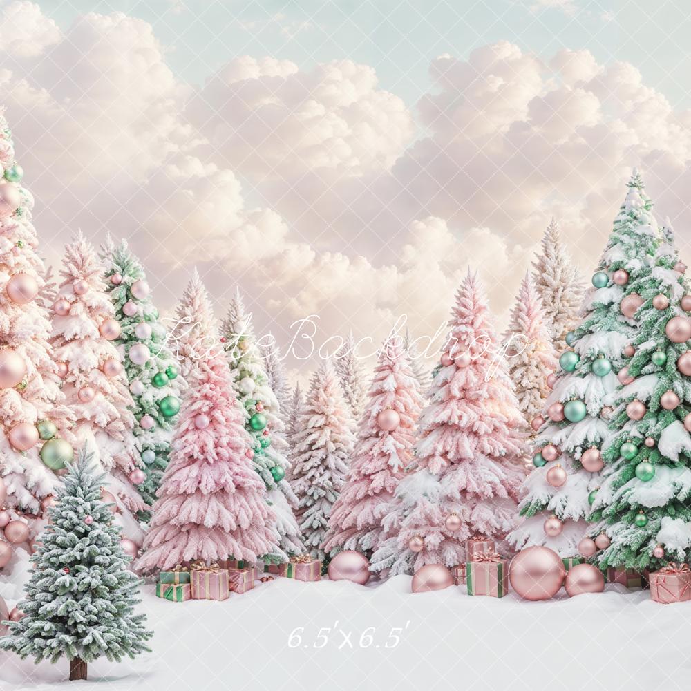 Kate Dreamy Pink and Green Christmas Tree Forest Backdrop Designed by Chain Photography