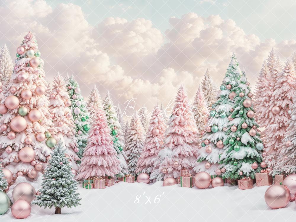 Kate Dreamy Pink and Green Christmas Tree Forest Backdrop Designed by Chain Photography