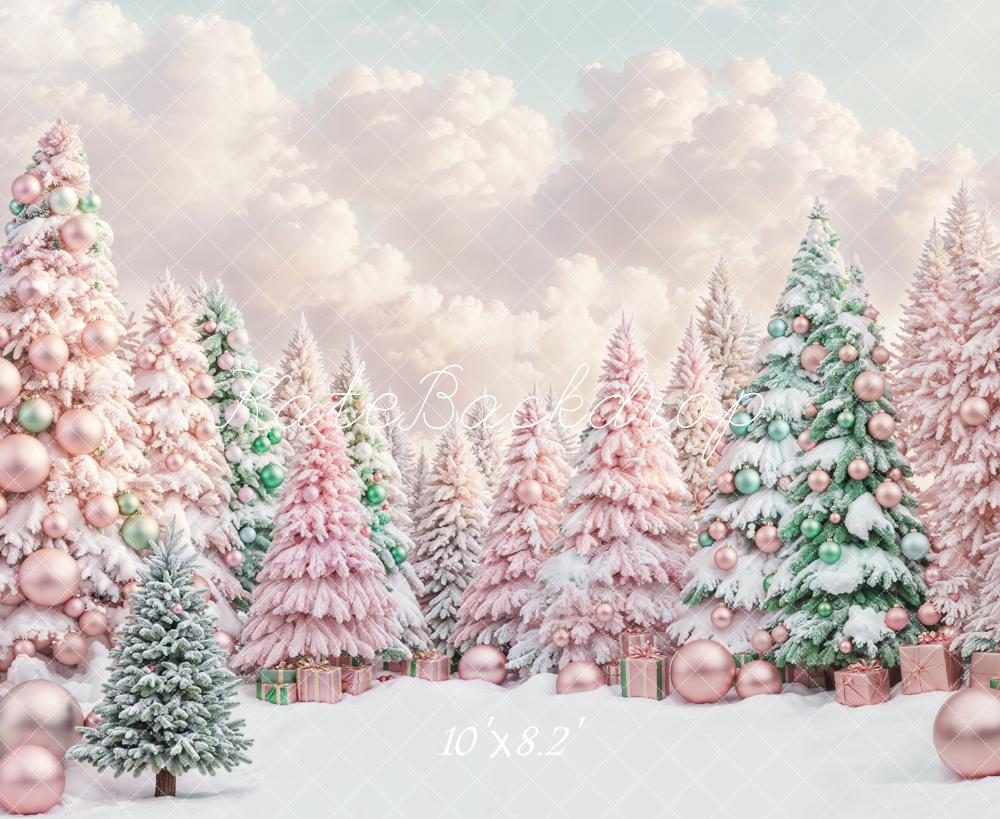 Kate Dreamy Pink and Green Christmas Tree Forest Backdrop Designed by Chain Photography