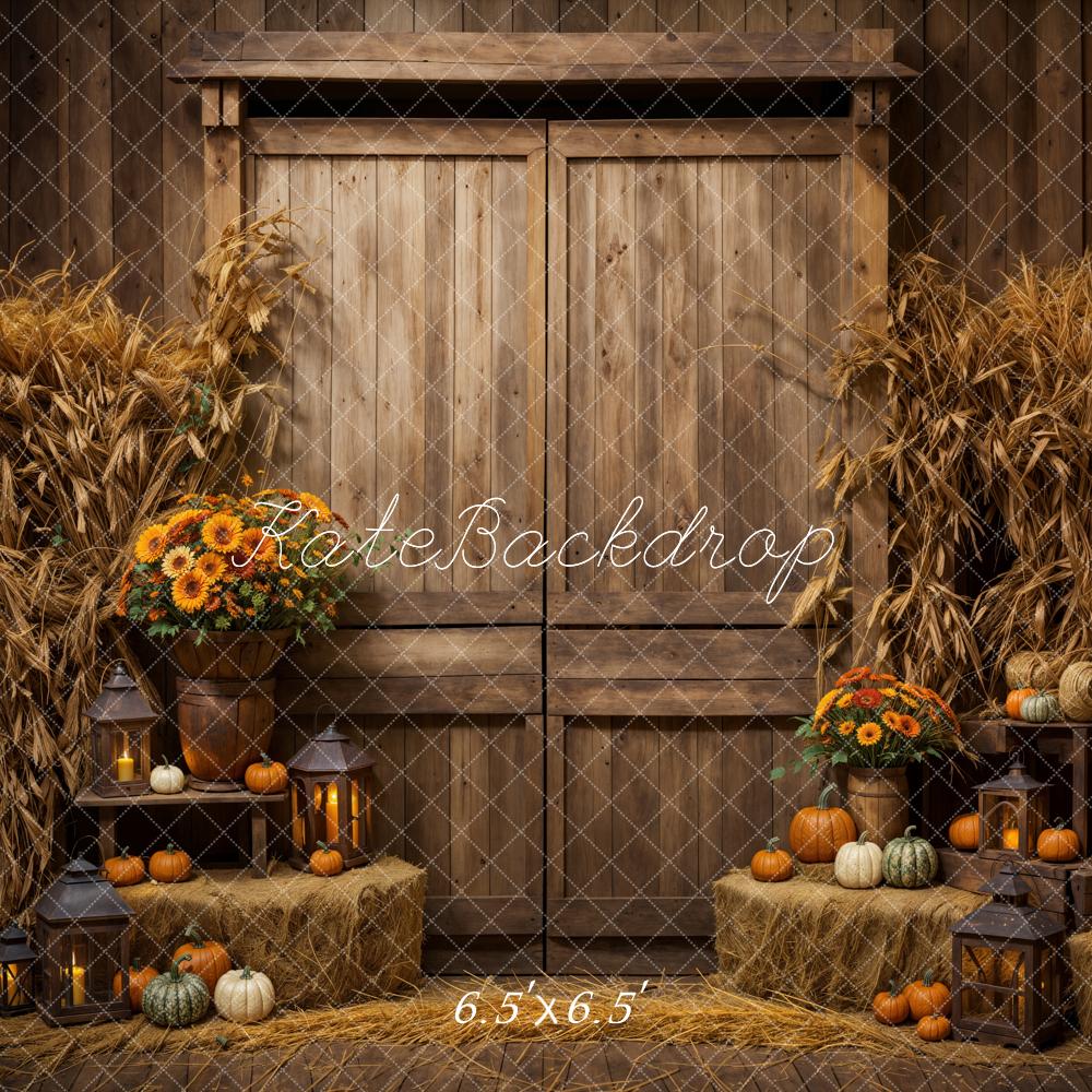Kate Autumn Sunflower Pumpkin Dark Brown Wooden Barn Door Backdrop Designed by Emetselch