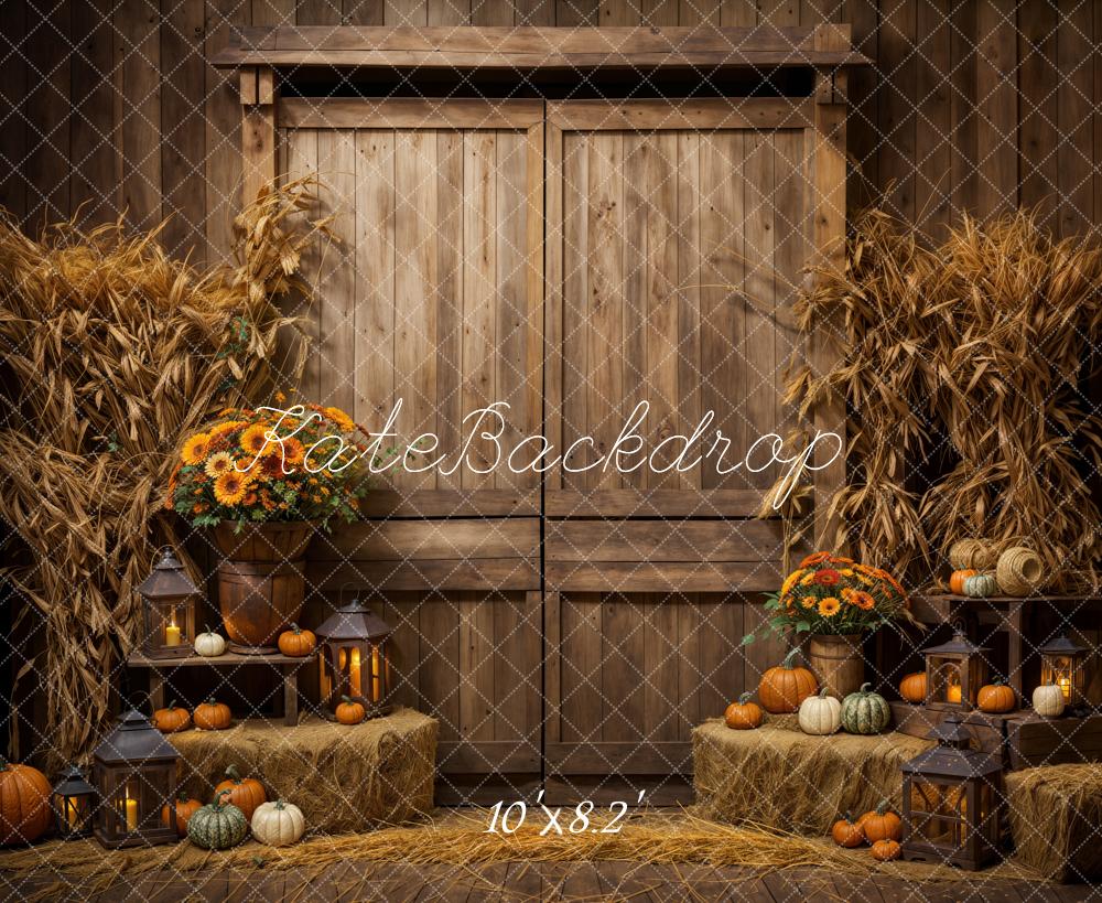 Kate Autumn Sunflower Pumpkin Dark Brown Wooden Barn Door Backdrop Designed by Emetselch