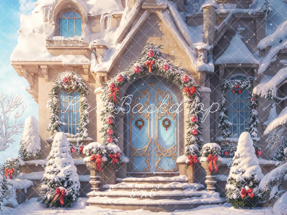 Fantasy Roze Kerstcottage Foto Achtergrond Ontworpen door Chain Photography