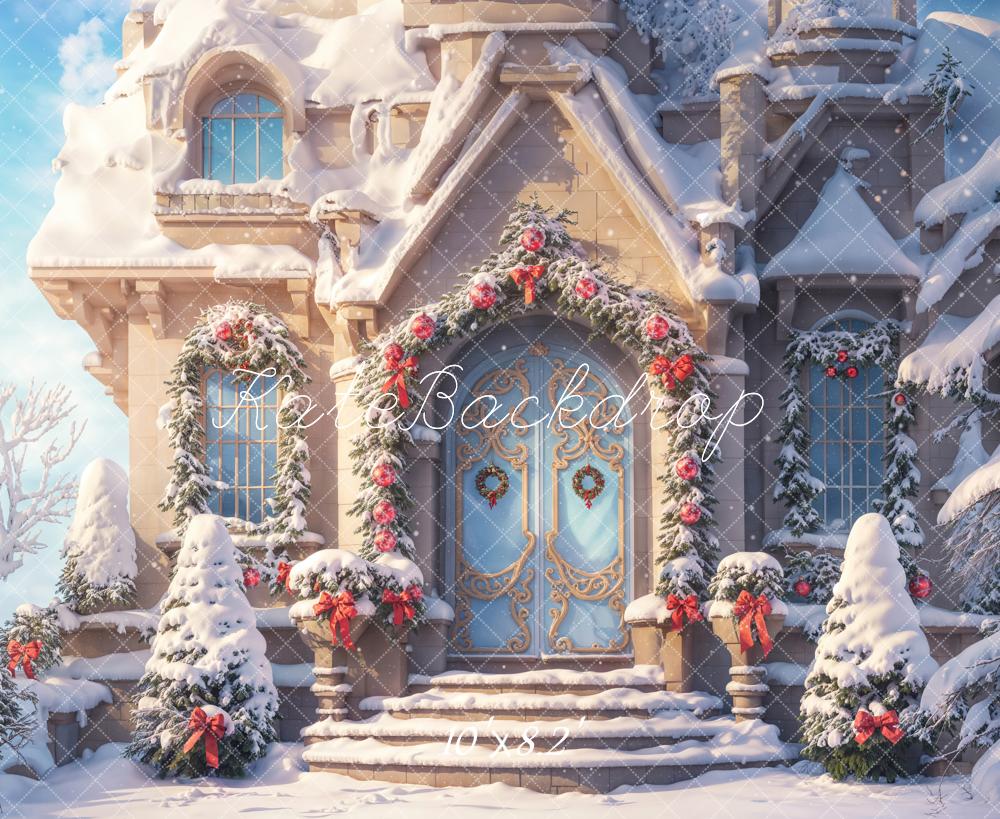 Fantasy Roze Kerstcottage Foto Achtergrond Ontworpen door Chain Photography