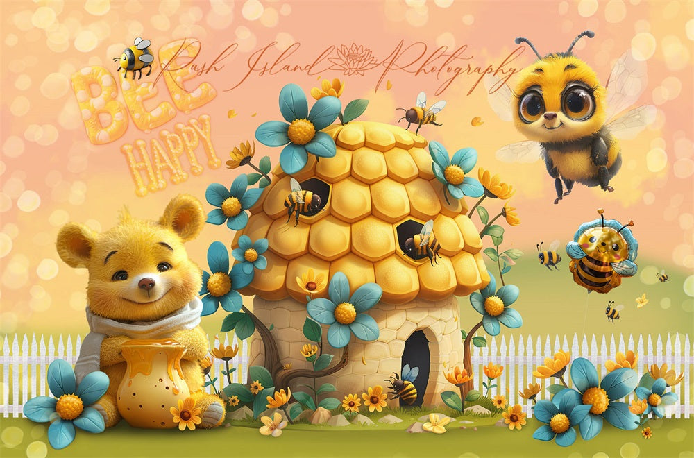 Fijne kunst bloemen cartoon bij Happy Bear Yellow Cabin achtergrond ontworpen door Laura Bybee