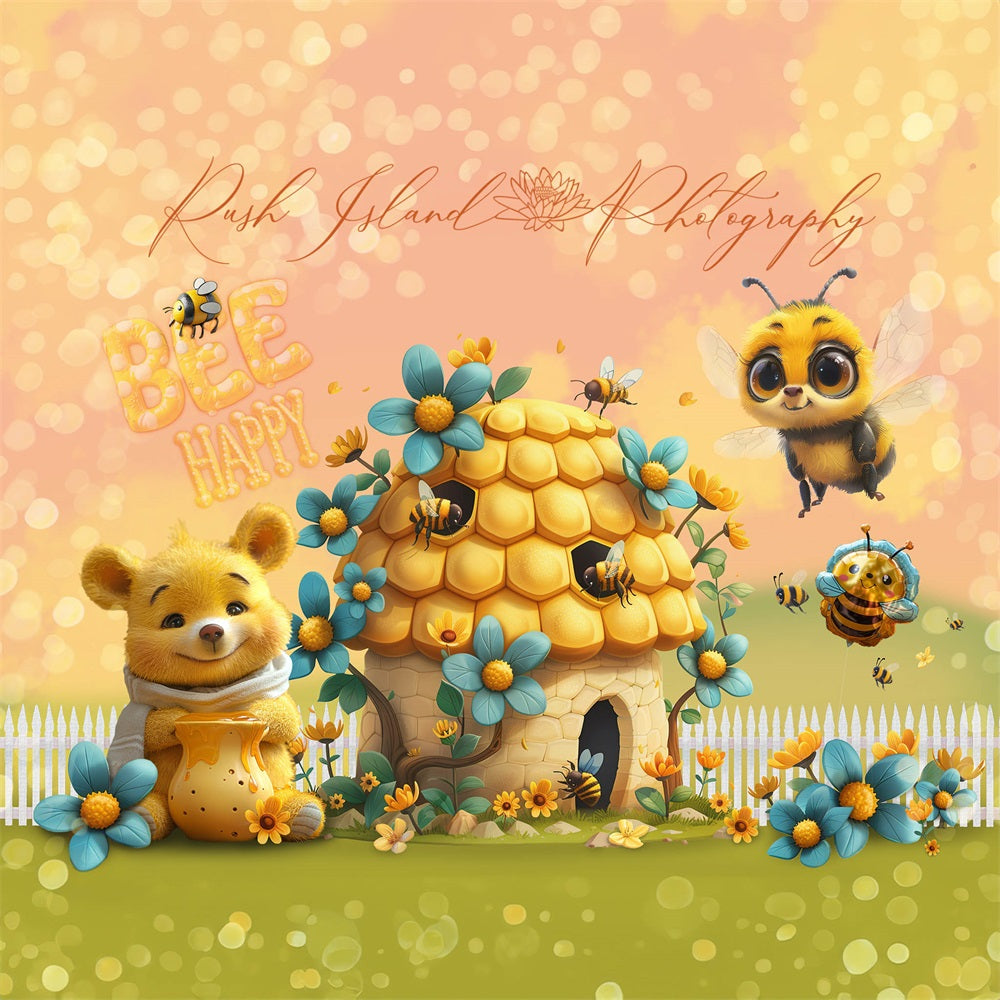 Fijne kunst bloemen cartoon bij Happy Bear Yellow Cabin achtergrond ontworpen door Laura Bybee