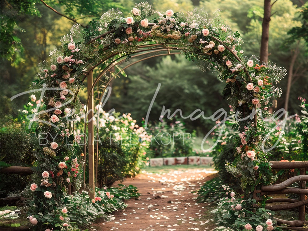 Kate Summer Outdoor Forest Wedding Pink Flower Arch Path Backdrop Designed by Lidia Redekopp