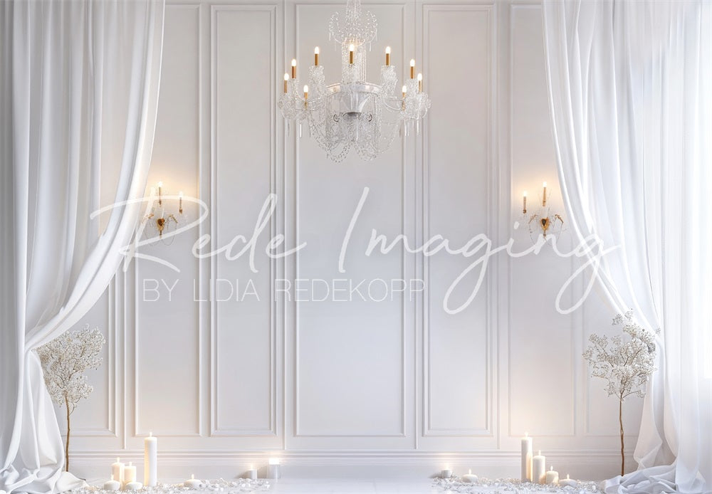 Kate Retro Elegant White Curtain and Chandelier Backdrop Designed by Lidia Redekopp
