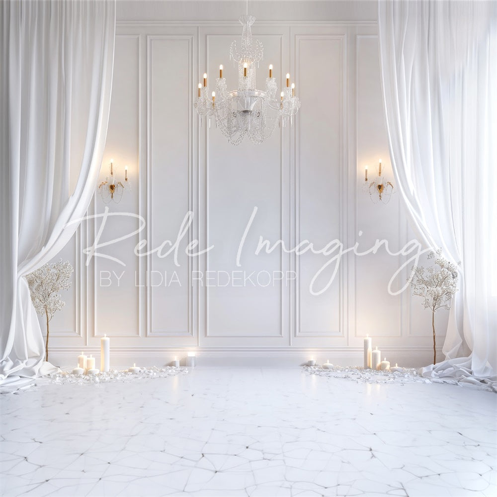 Kate Retro Elegant White Curtain and Chandelier Backdrop Designed by Lidia Redekopp