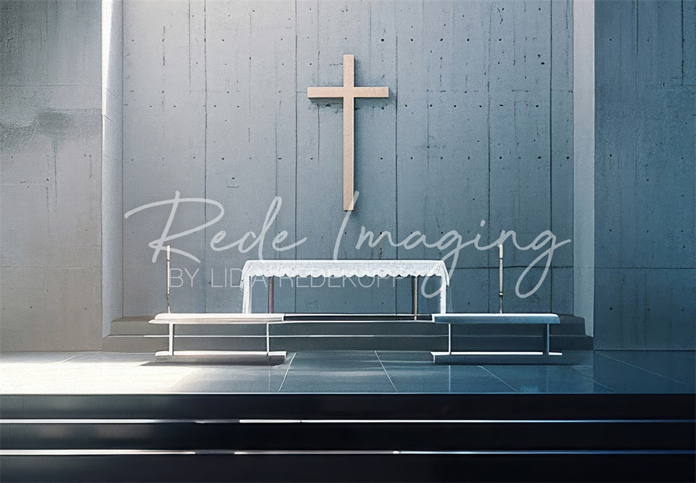 Modern White Cross Grey Church Altar Sfondo