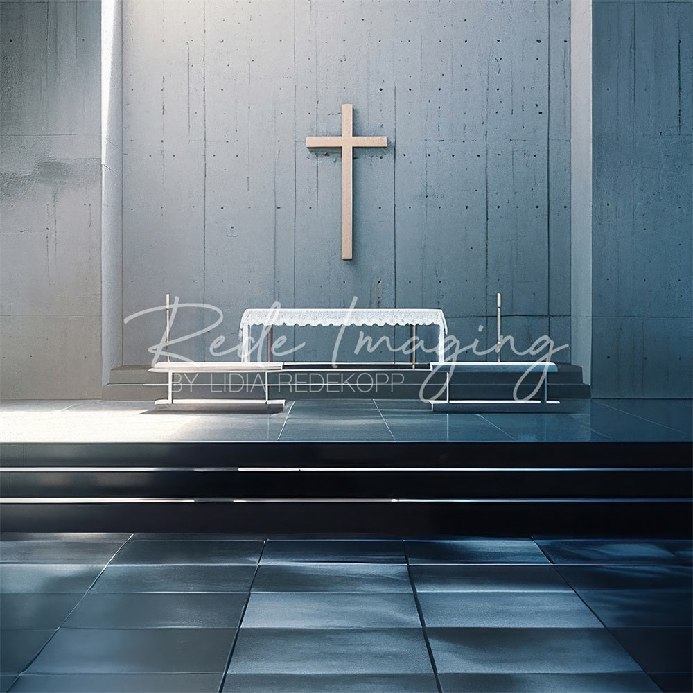 Kate Modern White Cross Grey Church Altar Backdrop Designed by Lidia Redekopp