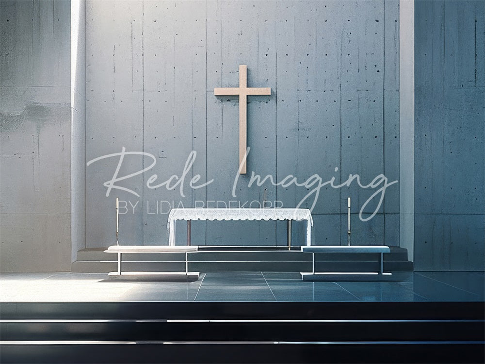 Kate Modern White Cross Grey Church Altar Backdrop Designed by Lidia Redekopp