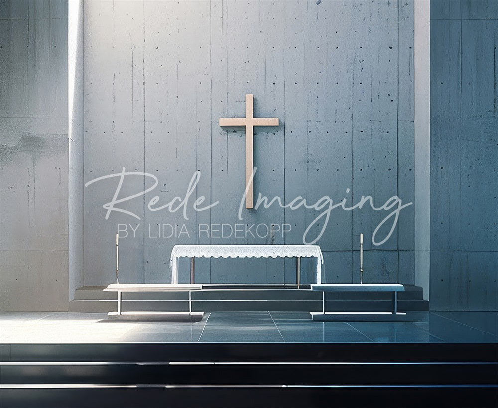 Kate Modern White Cross Grey Church Altar Backdrop Designed by Lidia Redekopp