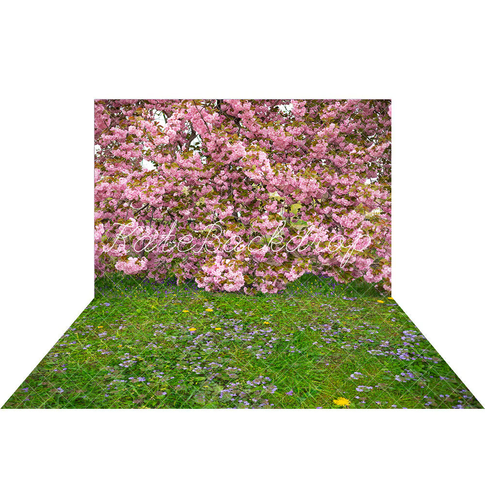 Zomerse Outdoor Roze Kersenbloesem Boom Bos Achtergrond + Groene Weide Gele Paarse Bloemen Rubberen Vloermat