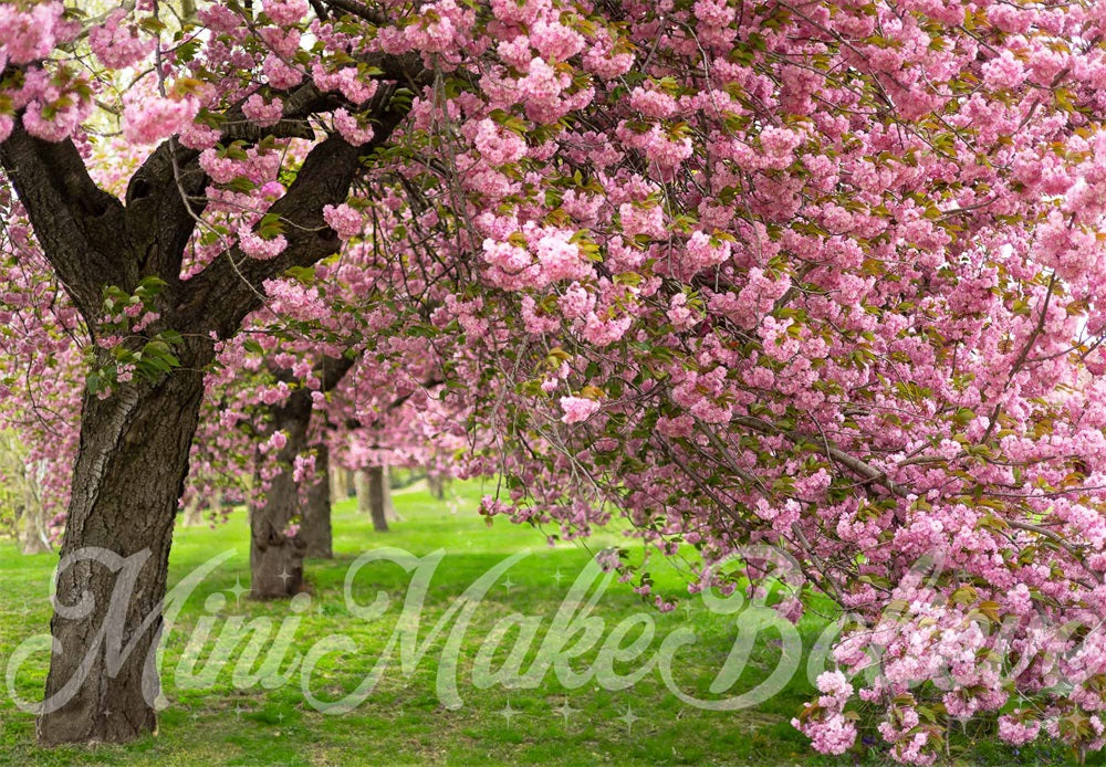 Kate Summer Outdoor Pink Cherry Blossom Tree Green Meadow Backdrop Designed by Mini MakeBelieve