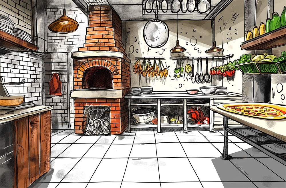 Kate Cartoon Painting Fireplace Brick Wall Retro Pizza Kitchen Backdrop Designed by Kerry Anderson