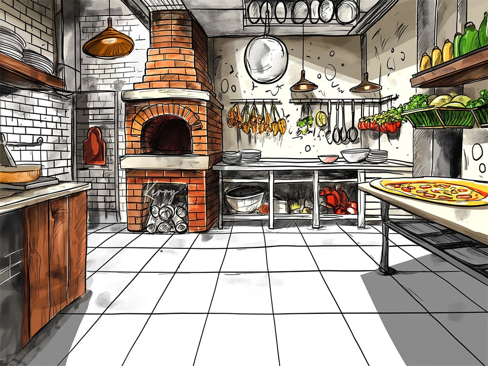 Cartoon Schilderij Open Haard van Baksteen Retro Pizza Keuken Achtergrond Ontworpen door Kerry Anderson