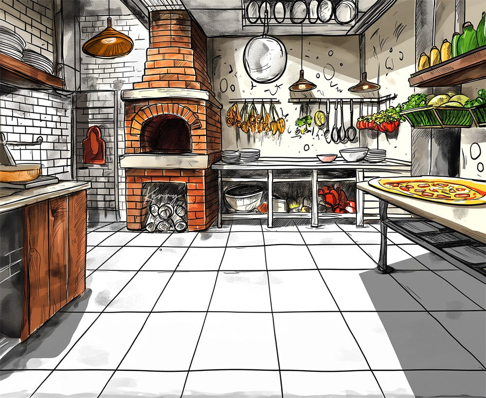 Kate Cartoon Painting Fireplace Brick Wall Retro Pizza Kitchen Backdrop Designed by Kerry Anderson