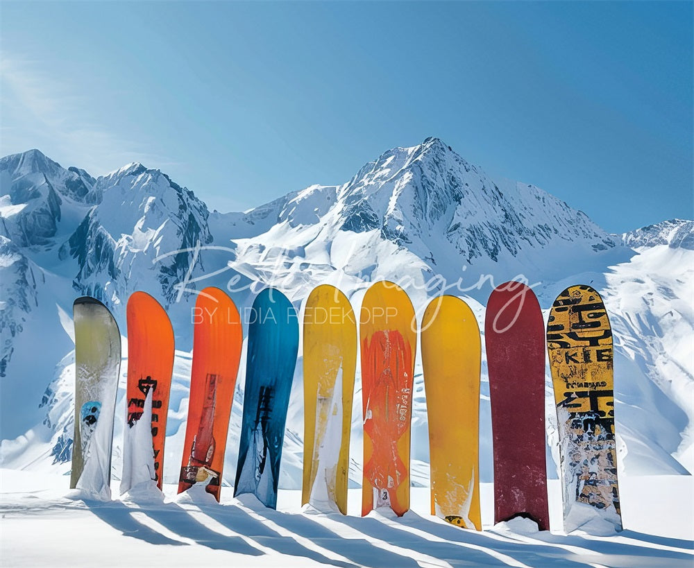 Kate Winter Outdoor White Snow Mountain Colorful Snowboard Backdrop Designed by Lidia Redekopp