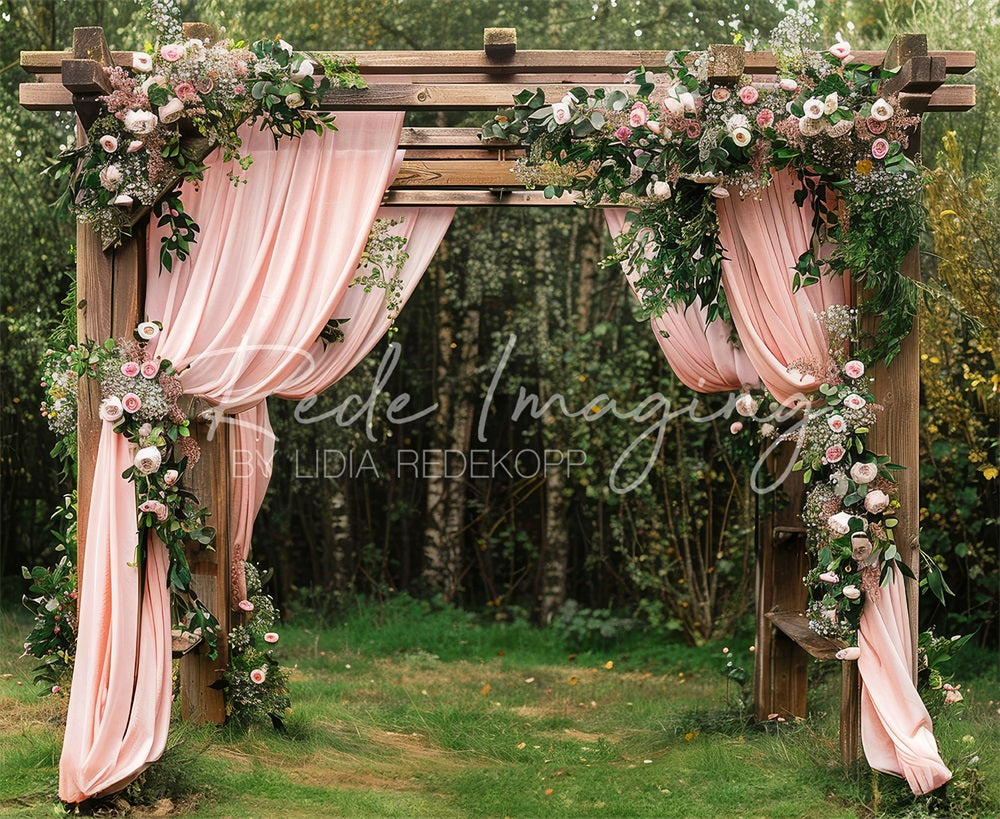 Kate Summer Forest Wedding Pink Curtain Floral Brown Framed Door Backdrop Designed by Lidia Redekopp