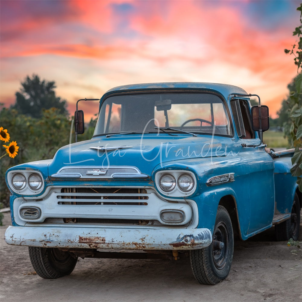 Tramonto estivo all'aperto in una fattoria con sfondo giallo di girasoli e camion blu per la fotografia progettato da Lisa Granden.