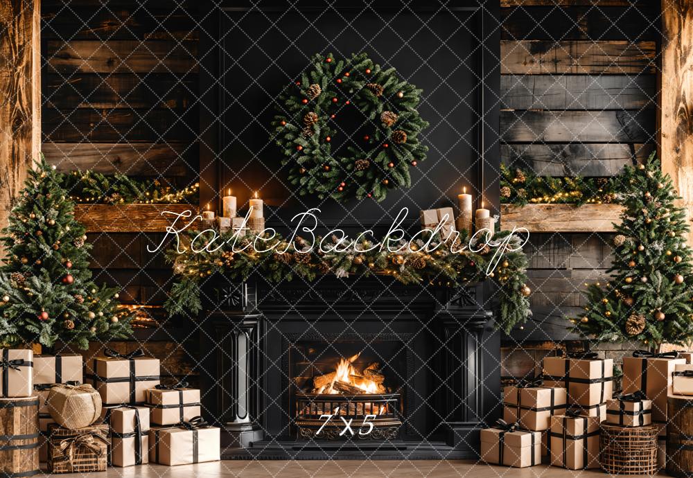 Kate Christmas Black Modern Fireplace Brown Wooden Striped Wall Backdrop Designed by Emetselch