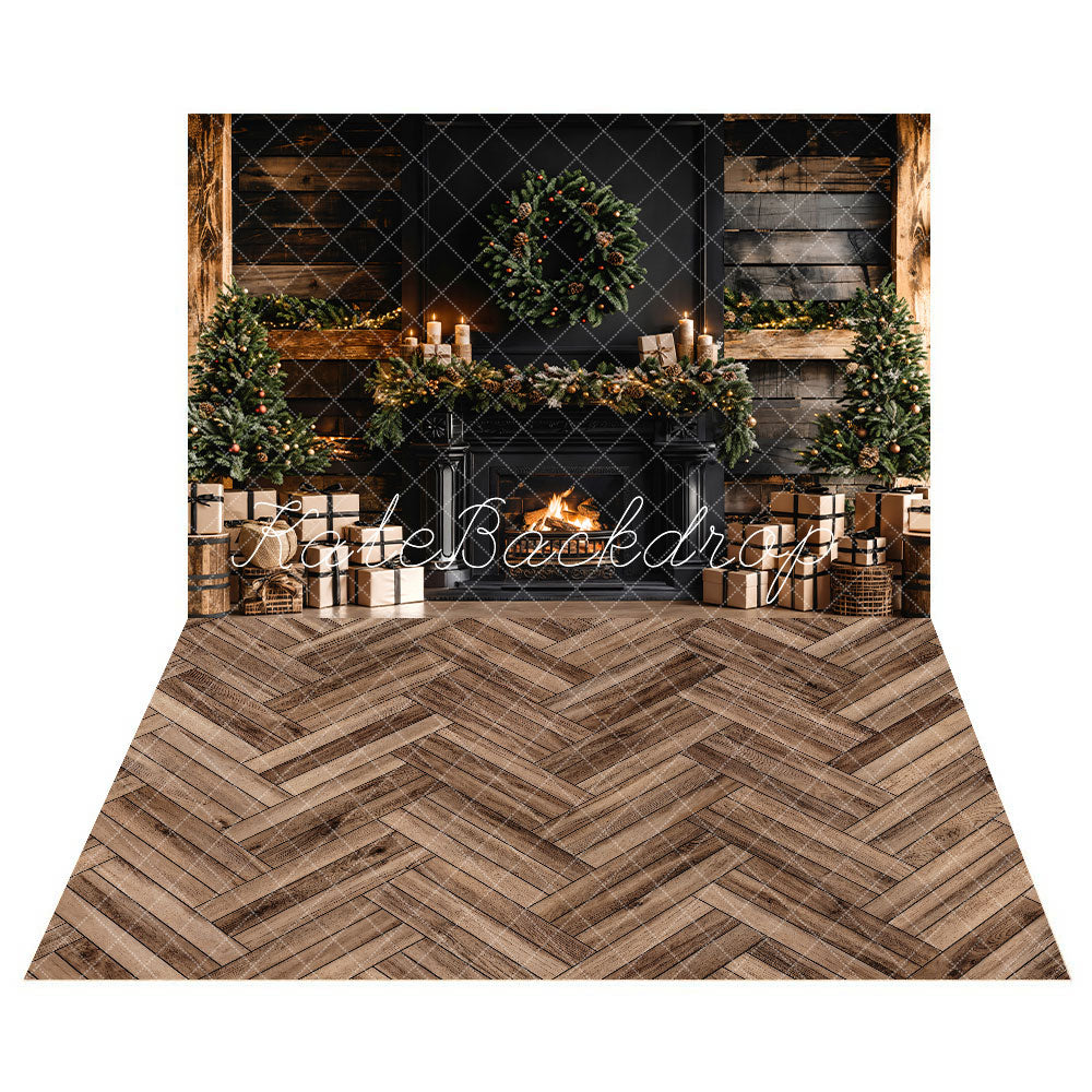 Kate Christmas Black Modern Fireplace Brown Wooden Striped Wall Backdrop+Brown Herringbone Wood Texture Floor Backdrop