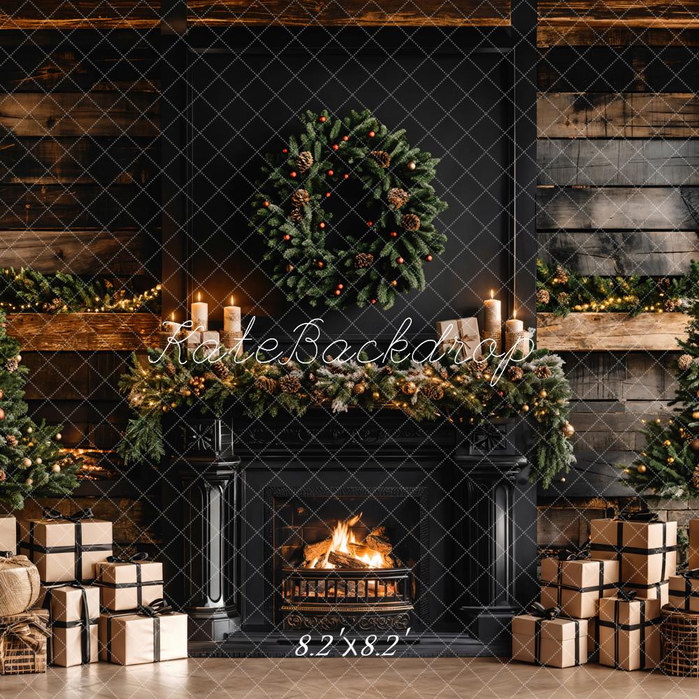 TEST Kate Christmas Black Modern Fireplace Brown Wooden Striped Wall Backdrop Designed by Emetselch