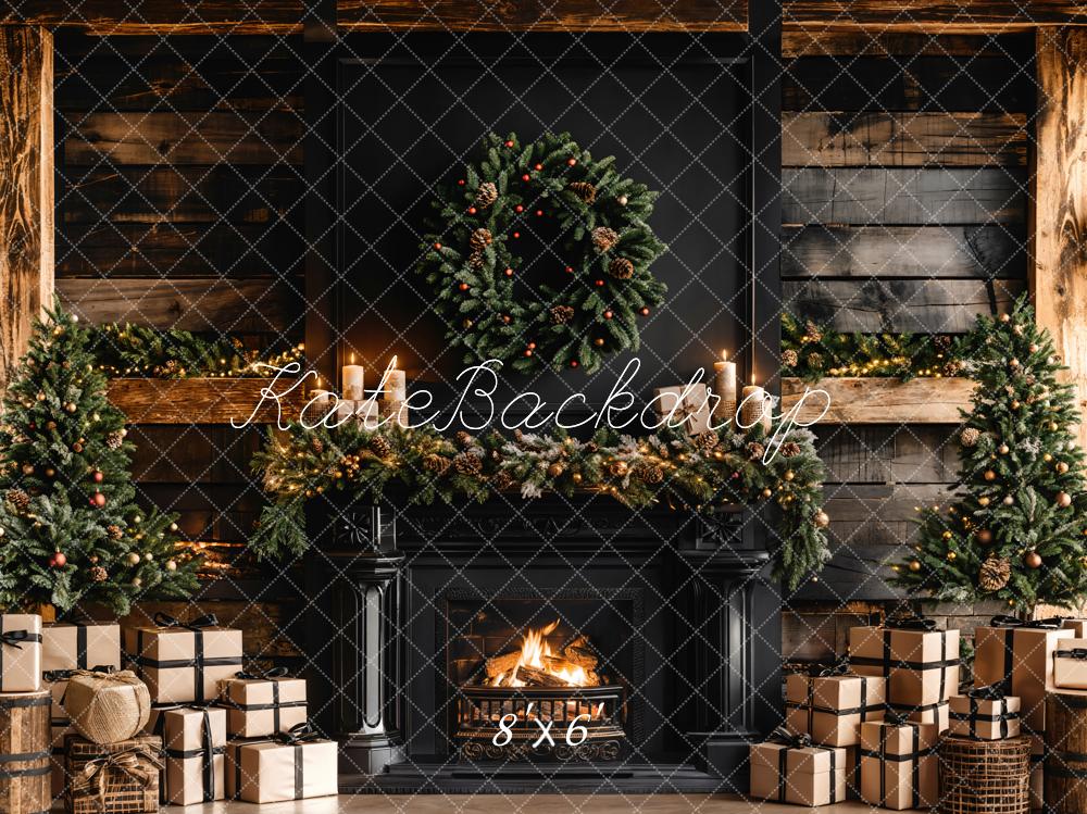 Kate Christmas Black Modern Fireplace Brown Wooden Striped Wall Backdrop Designed by Emetselch